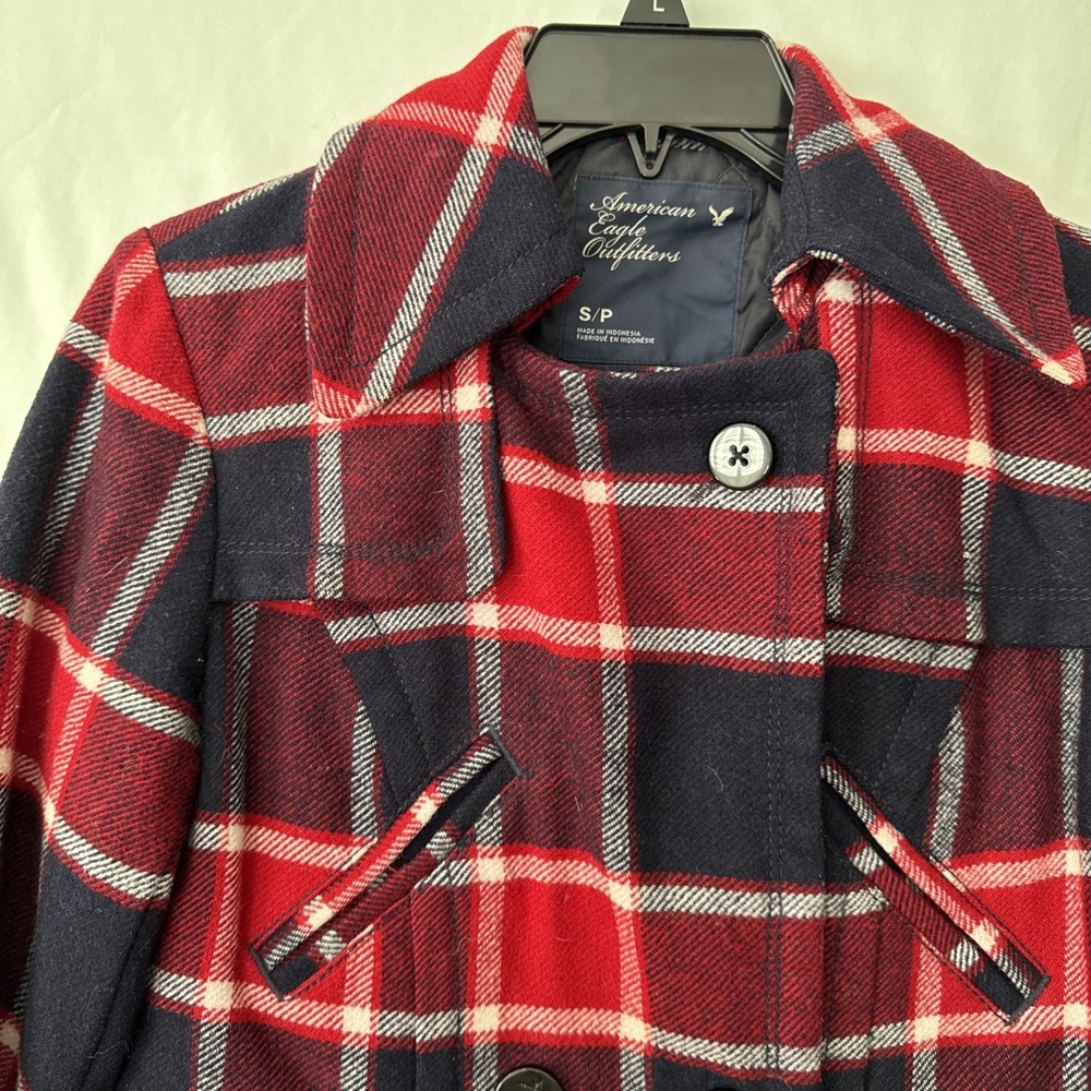Womens Pea Coat Jacket Sm Red White Blue Plaid Wool Blend Preppy